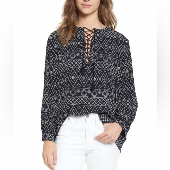 Madewell Tops - Madewell Lace-Up Boho Peasant Blouse Black White Caravan Print Small